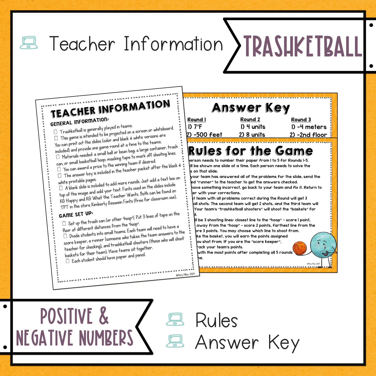 Positive & Negative Numbers in the Real World Trashketball 6th Grade Math Game - includes teacher information, rules, answer key