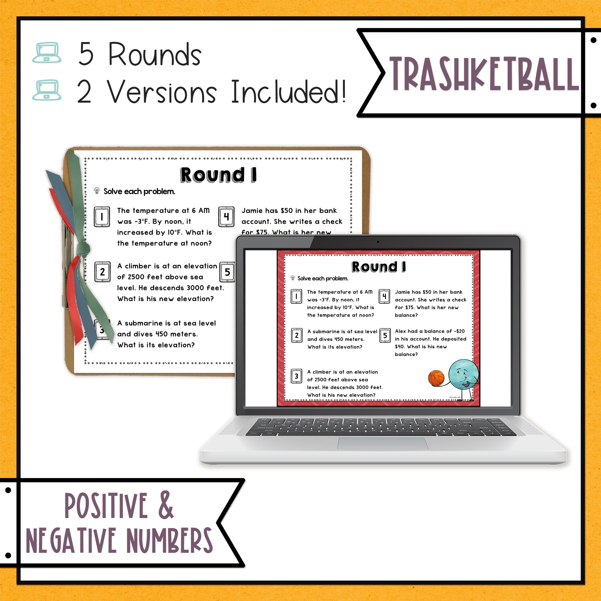 Positive & Negative Numbers in the Real World Trashketball 6th Grade Math Game - 5 Rounds - Color and Black & White Versions