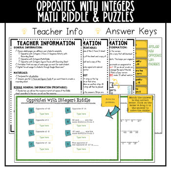 Opposites with Integers Math Activities - Math Puzzles and Riddle