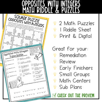 Opposites with Integers Math Activities - Math Puzzles and Riddle