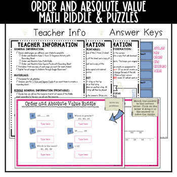 Order and Absolute Value Math Activities - Integers Math Puzzles and Riddle