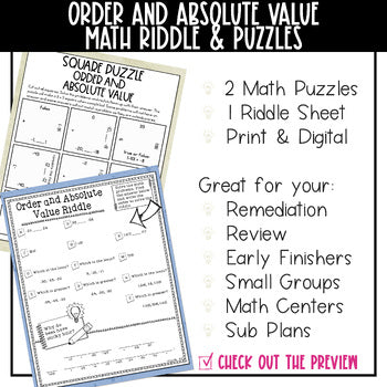 Order and Absolute Value Math Activities - Integers Math Puzzles and Riddle