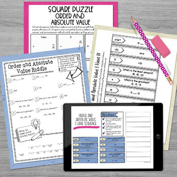 Order and Absolute Value Math Activities - Integers Math Puzzles and Riddle