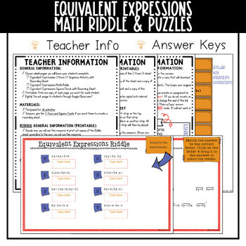 Equivalent Expressions Math Activities including math riddle and puzzles