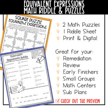 Equivalent Expressions Math Activities including math riddle and puzzles