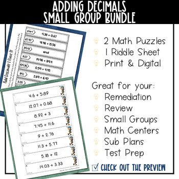Adding Decimals Bundle for Small Groups - includes Assessments, Practice, Games
