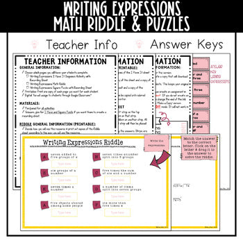 Writing Expressions Math Activities: Practice writing expressions from phrases with this mini math pack of activities including puzzles and riddles