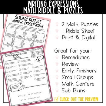 Writing Expressions Math Activities: Practice writing expressions from phrases with this mini math pack of activities including puzzles and riddles