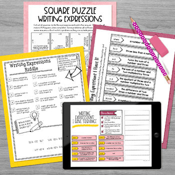 Writing Expressions Math Activities: Practice writing expressions from phrases with this mini math pack of activities including puzzles and riddles