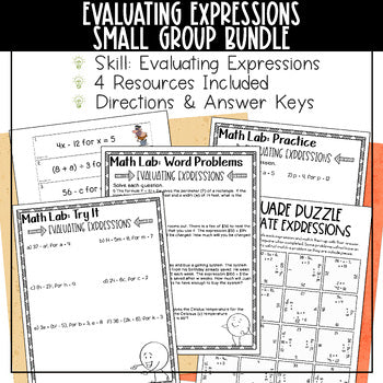 Evaluating Expressions bundle for small groups, including practice with 1 and 2 variables