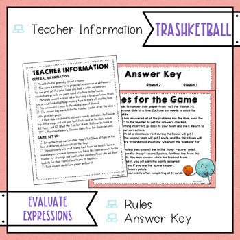 Teacher Information, Rules and Answer Key for Evaluating Expressions 2 Trashketball Math Game - 6th Grade Math Review Activity