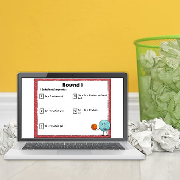 Digital product Evaluating Expressions 2 Trashketball Math Game - 6th Grade Math Review Activity
