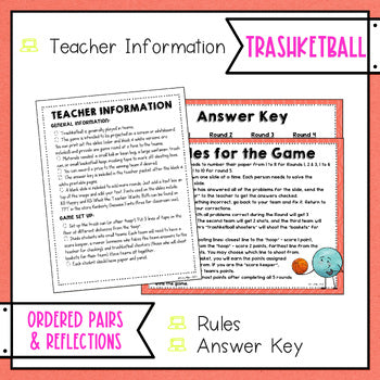 Ordered Pairs and Reflections Trashketball Game with Teacher Info, Rules and Answer Key