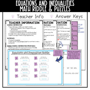 Equations and Inequalities Mini Math Puzzles and Riddles Teacher Info & Answer Keys