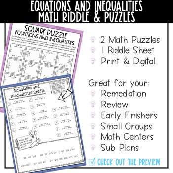 Equations and Inequalities Mini Math Puzzles and Riddles 2 Math Puzzles, 1 Riddle Sheet