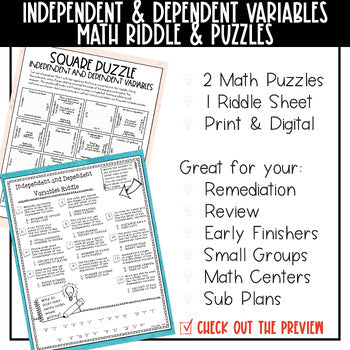 Mini Math Independent and Dependent Variables 2 Math Puzzles and 1 Riddle Sheet