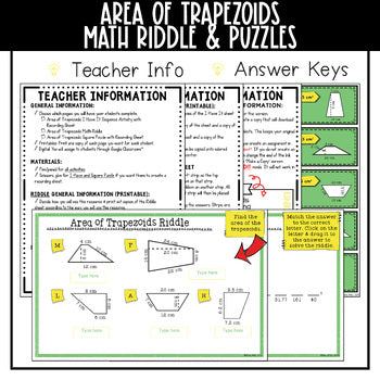 Area of Trapezoids Mini Math Activity Teacher Info and Answer Keys