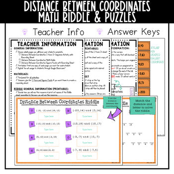 Distance Between Coordinates Math Riddles and Puzzles Teacher Info & Answer Keys