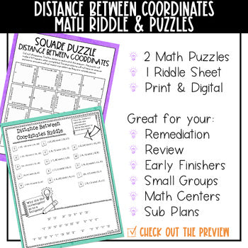 Distance Between Coordinates Mini Math Activity Includes 2 Math Puzzles, 1 Riddle Sheet in digital and for print