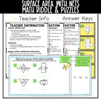 Surface Area with Nets Math Activities Puzzles & Riddle - 6th Grade Math Review