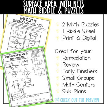 Surface Area with Nets Math Activities Puzzles & Riddle - 6th Grade Math Review