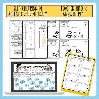 Evaluate Expressions Digital Scavenger Hunt Grades 5-7 with Answer Key/Self Checking