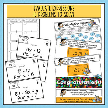 Evaluate Expressions Digital Scavenger Hunt Grades 5-7 with 15 problems