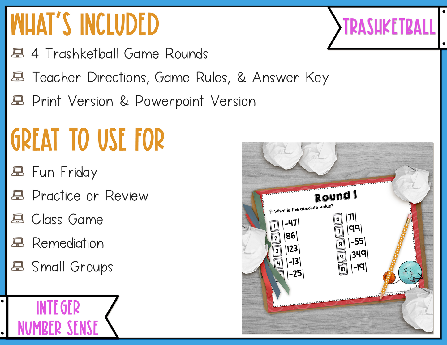 Integers Number Sense Trashketball Math Game