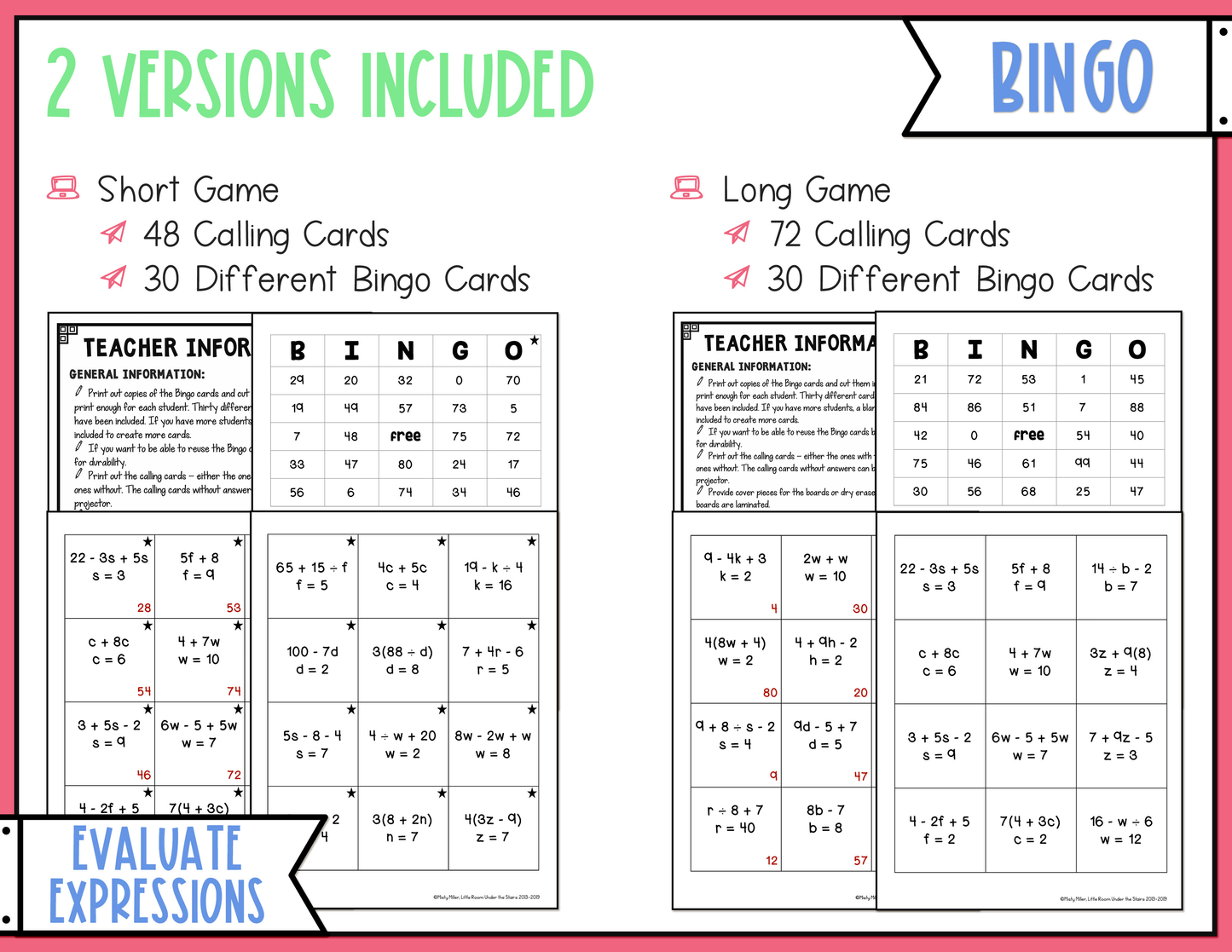 Evaluating Expressions BINGO Math Game