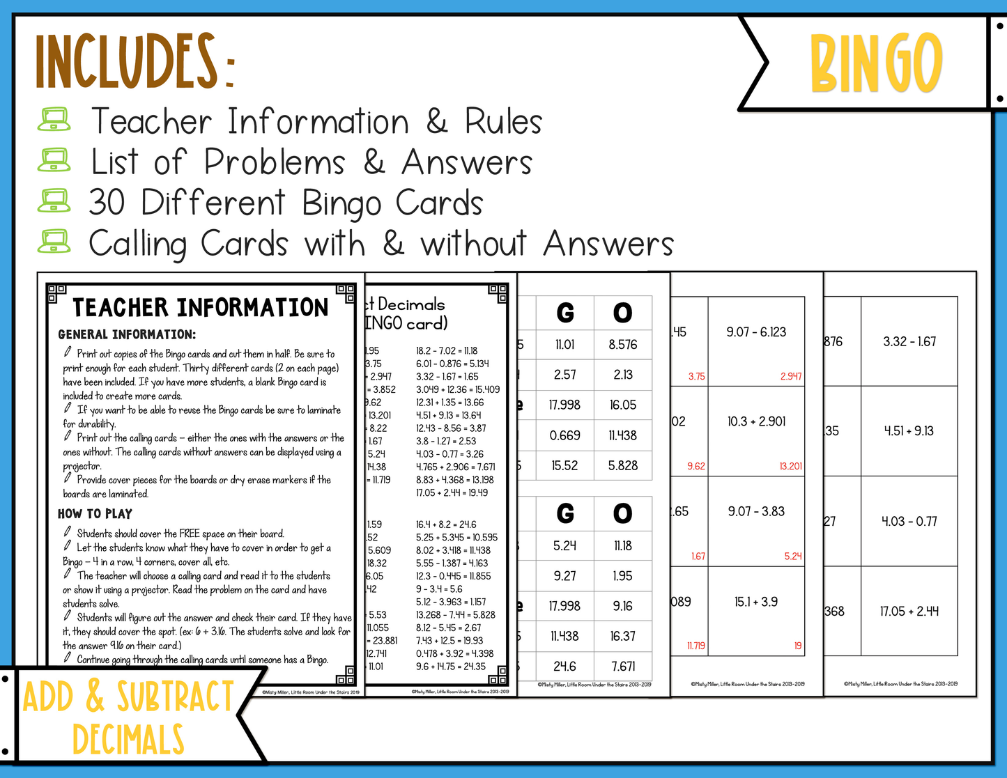Adding and Subtracting Decimals BINGO Math Game