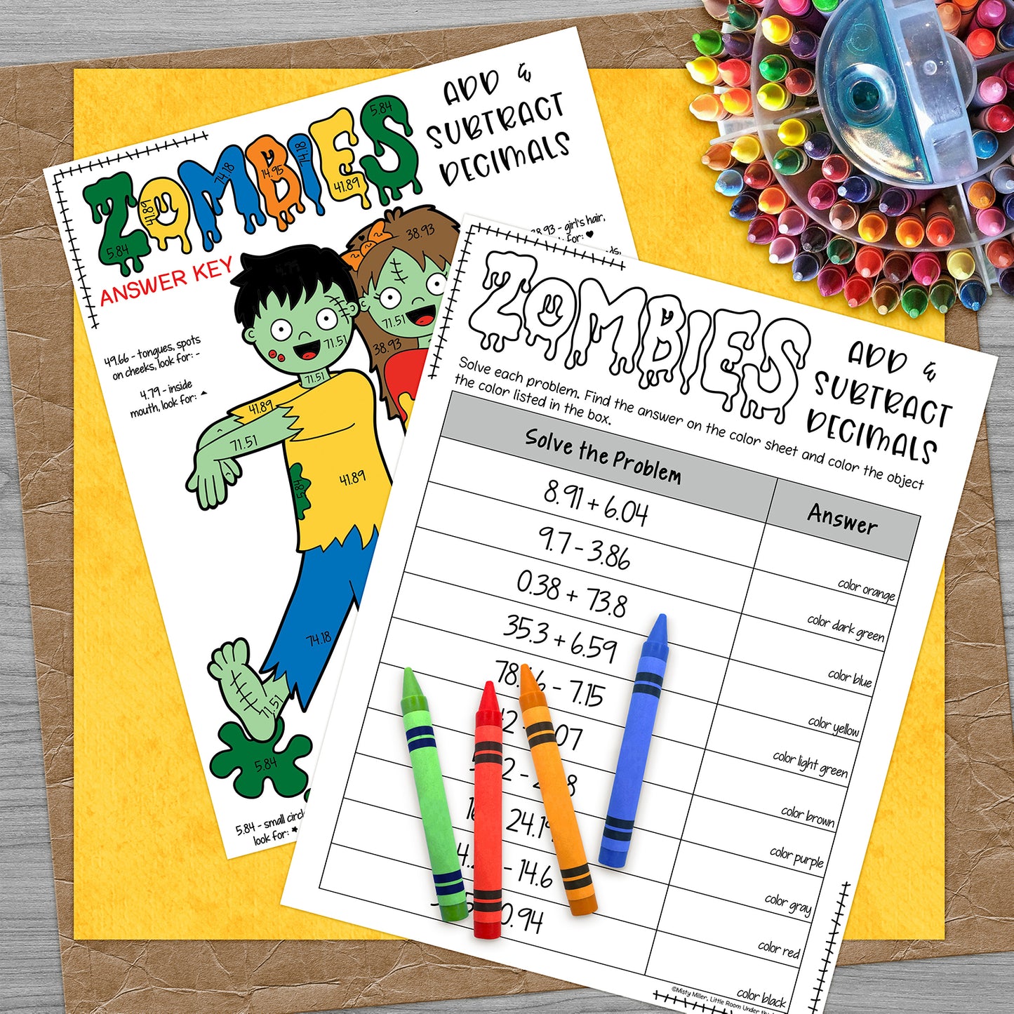 Halloween Math Adding and Subtracting Decimals Coloring Page Zombie