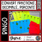 Converting Fractions Decimals and Percents BINGO Math Game engaging math practice including bingo cards, blank cards, and calling cards