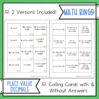 Place Value with Decimals BINGO Math Game