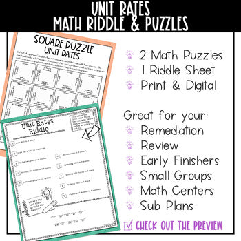 Unit Rates Math Activities - Math Puzzles and Math Riddle - No Prep Worksheets