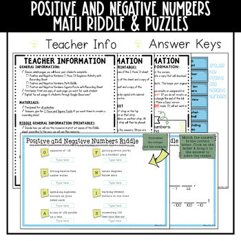 Positive and Negative Numbers Math Activities - Integers Math Puzzles and Riddle