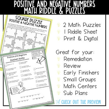 Positive and Negative Numbers Math Activities - Integers Math Puzzles and Riddle