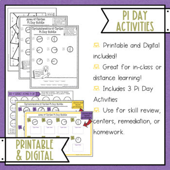 Pi Day Activities - Area of Circles, Circumference, Add and Subtract Decimals