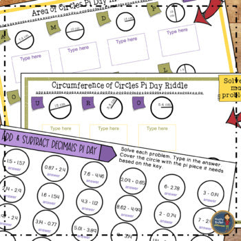 Pi Day Activities - Area of Circles, Circumference, Add and Subtract Decimals