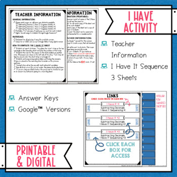 Subtracting Decimals I Have It Math Cut & Paste - No Prep - Print and Digital