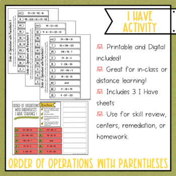 Order of Operations Parenthesis I Have It Math Cut & Paste - No Prep