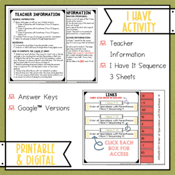 Order of Operations Parenthesis I Have It Math Cut & Paste - No Prep