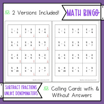 Subtracting Fractions Unlike Denominators BINGO Math Game