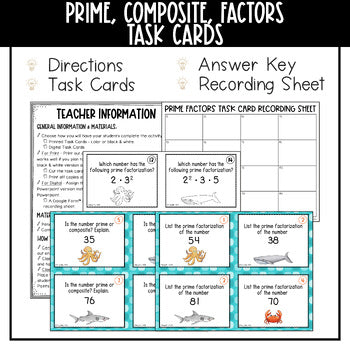 Prime Factorization, Prime and Composite Numbers, and Factors Task Cards