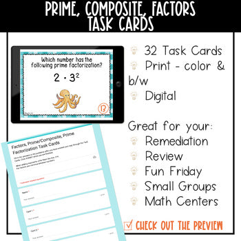 Prime Factorization, Prime and Composite Numbers, and Factors Task Cards