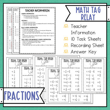 Fractions Math Tag Relay - Equivalent, Improper, Mixed Numbers, Operations