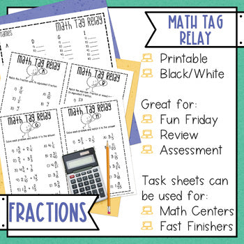 Fractions Math Tag Relay - Equivalent, Improper, Mixed Numbers, Operations