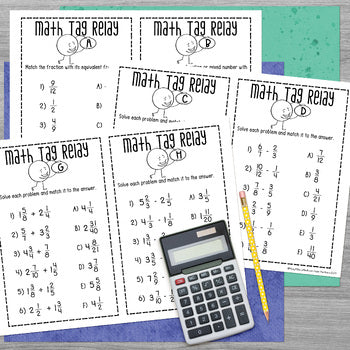 Fractions Math Tag Relay - Equivalent, Improper, Mixed Numbers, Operations