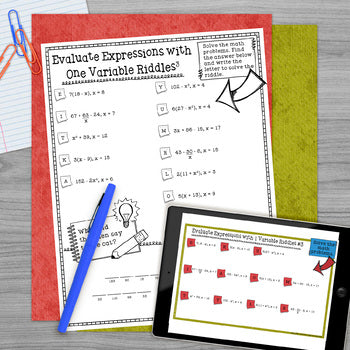 Evaluating Expressions 1 Math with Riddles - No Prep - Print and Digital