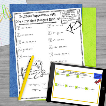 Evaluating Expressions 2 Math with Riddles - No Prep - Print and Digital