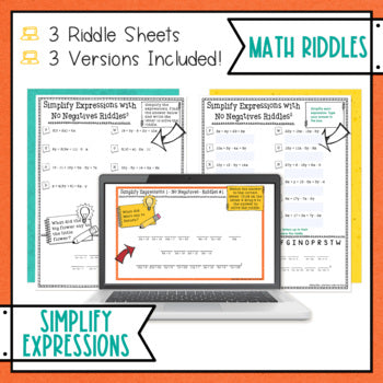 Simplifying Expressions 1 Math with Riddles - No Prep - Print and Digital